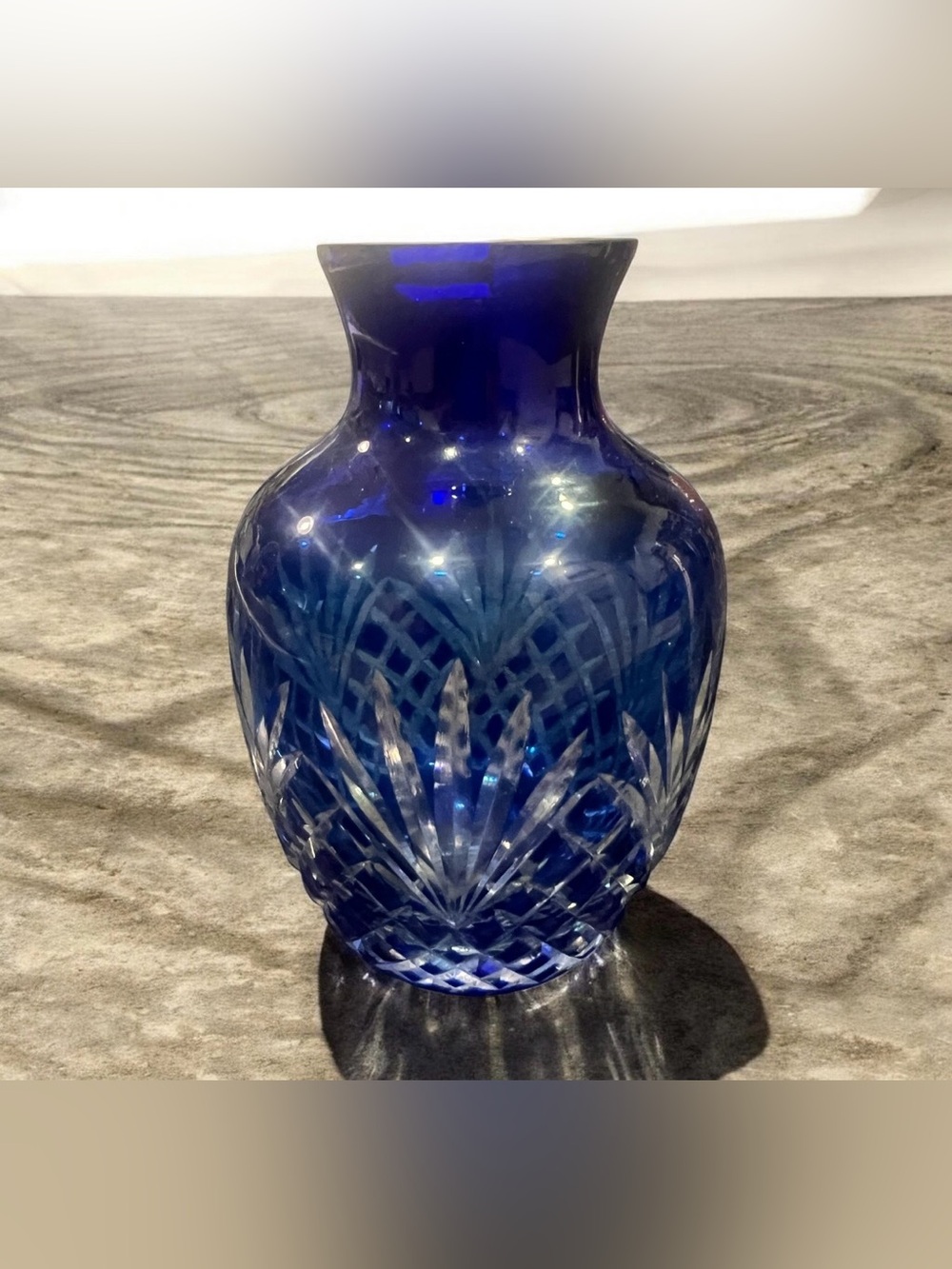 Vintage Godinger Crystal Legends cobalt blue cut-to-clear glass vase.